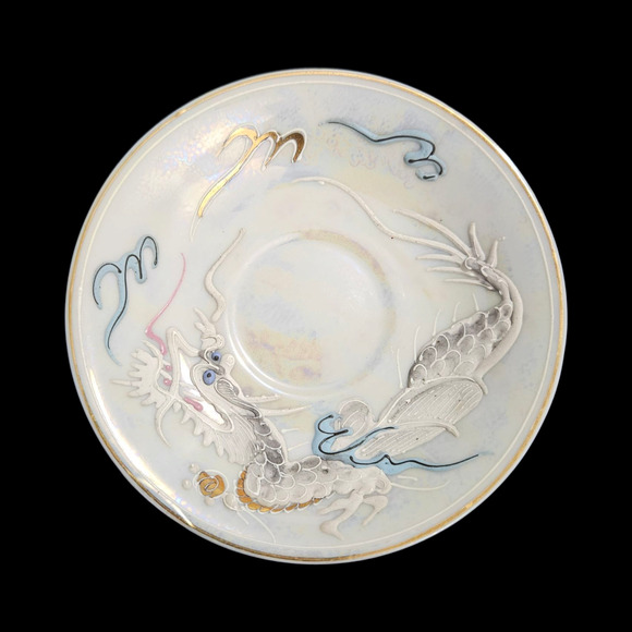 Vintage Japanese Moriage Dragon Cup Saucer Lusterware Raised Enamel Hand Painted - Picture 2 of 9